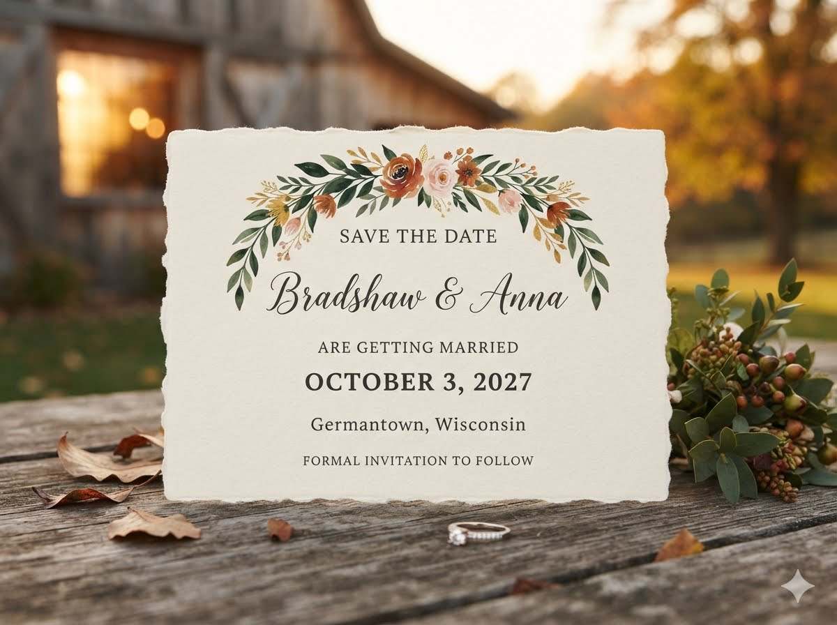 Save the date: Bradshaw & Anna, October 3, 2027