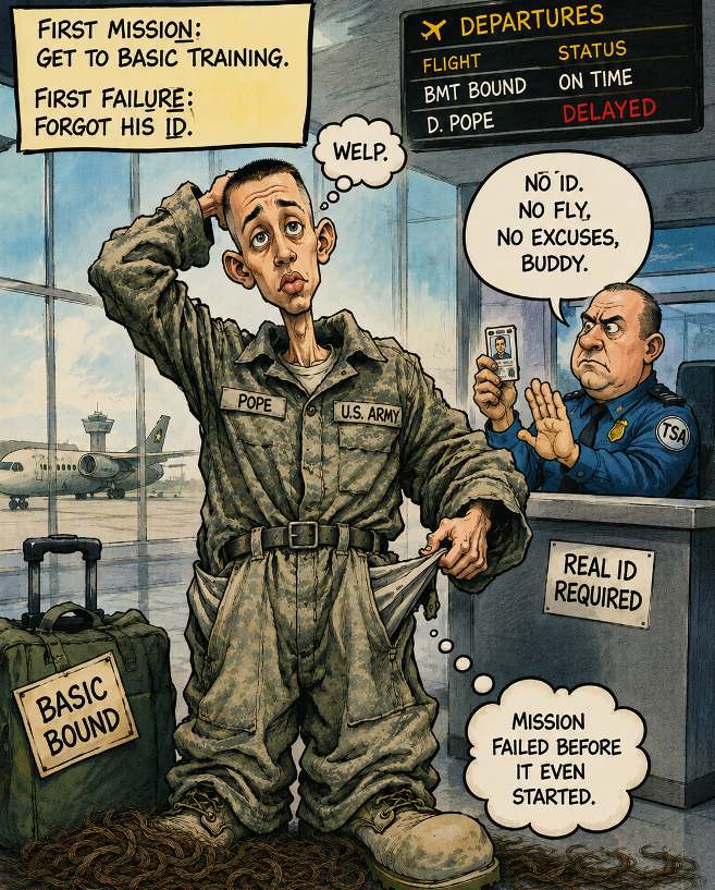 First mission: get to basic training. First failure: forgot his ID.