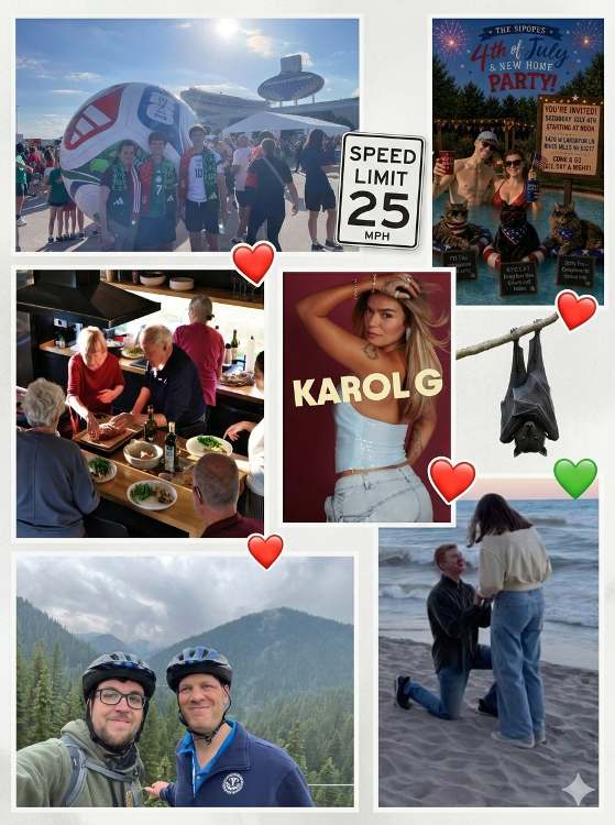 Summer moments: the speed-limit sign, the July 4th party, Karol G on tour, a mountain-biking day, and a beachside proposal