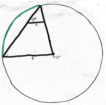 Geometry puzzle: a triangle inscribed in a circle with a green arc